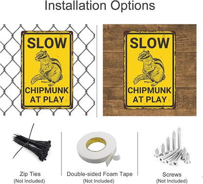 Slow Chipmunk at Play Aluminium Metal Sign, Chipmunk Decor, Chipmunk Gift, Vintage Animal Decor, Animal Warning Sign, Funny Wall Decor for Home Farmhouse Yard Garden, 8"x12" Indoor/Outdoor