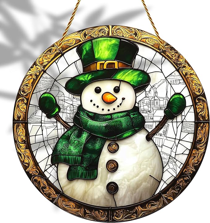 8x8 inch Charming Christmas Snowman Acrylic Stained Glass Window Hanging Sun Catcher Decor Stained Panel Hangings Wall Art Decor, for Friends and Family (Snowman)