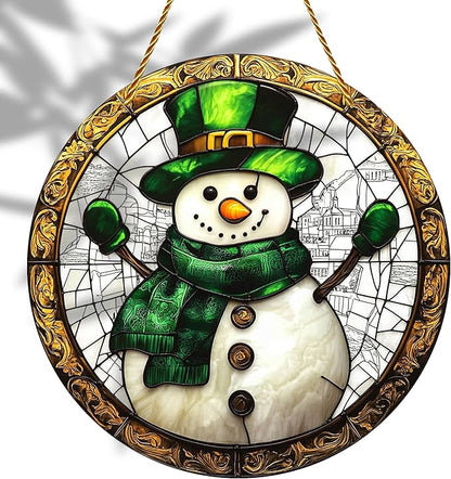 8x8 inch Charming Christmas Snowman Acrylic Stained Glass Window Hanging Sun Catcher Decor Stained Panel Hangings Wall Art Decor, for Friends and Family (Snowman)