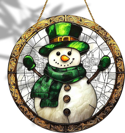 8x8 inch Charming Christmas Snowman Acrylic Stained Glass Window Hanging Sun Catcher Decor Stained Panel Hangings Wall Art Decor, for Friends and Family (Snowman)