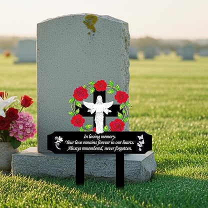 Jesus Grave Decorations for Cemetery - Metal Memorial Stake with 5 Red Roses - Sturdy Thickened Remembrance Plaque, Religious Cemetery Markers for Graveside, Mother’s Day (Jesus)