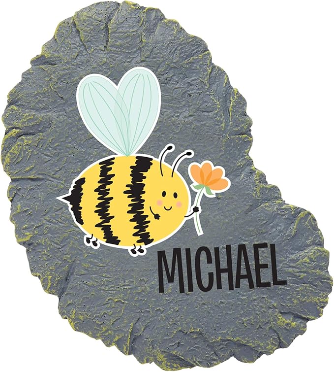 Let's Make Memories Personalized Reasons to Bee Happy Garden Stone - Garden Décor - Orange Flower Design - Small Bee Garden Stone - 6" Diameter