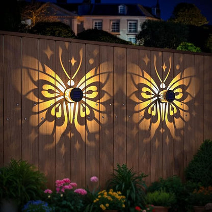 Hapjoy Solar Fence Lights 4 Pack Solar Deck Lamps Outdoor Decorations Powered Step Lights Wall Waterproof LED Warm Decorative Lighting for Garden (Butterfly-Star, 4)
