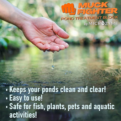 Muck Fighter Pond Treatment Block | Lasts 30 days | Natural Pond Bacteria & Sludge Decomposing Enzymes | Water Clearing Odor Eliminating Microbes | Safe for Fish, Pets, & Recreation (4-pack)