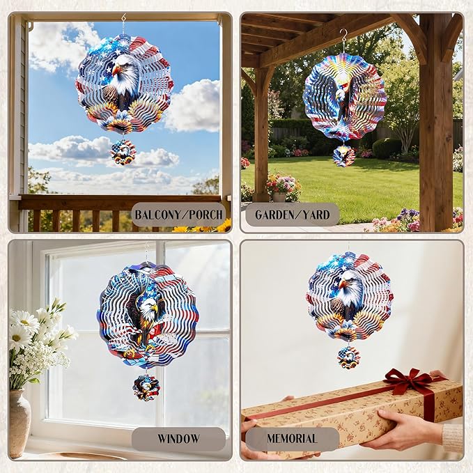 American Eagle Wind Spinner - 3D Stainless Steel Wind Spinners Outdoor Kinetic Art Spinning Decor 12 Inch 250 Anniversary Hanging Ornaments for Patio Lawn Garden Yard Indoor Balcony Home