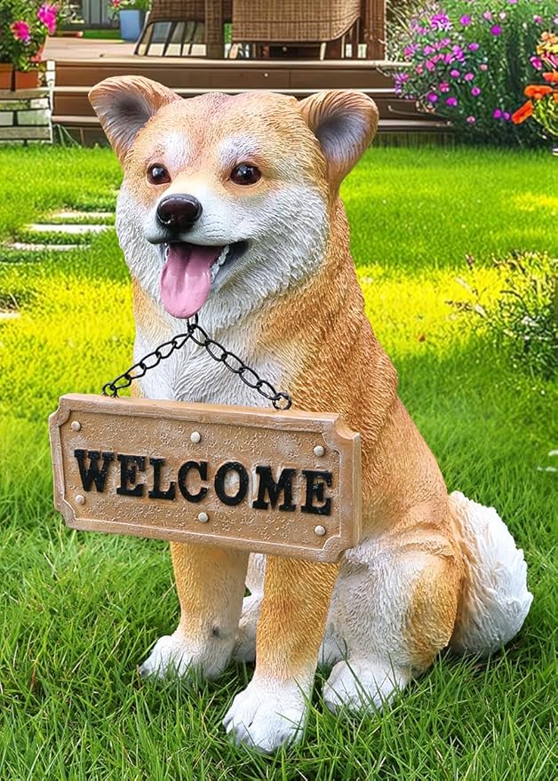 Akita Dog Garden Statue with Solar Lantern & Interchangeable Welcome/On Patrol Sign, Outdoor Resin Puppy Sculpture Decor for Patio, Porch, Yard, Lawn Ornament, Gift for Dog Lovers