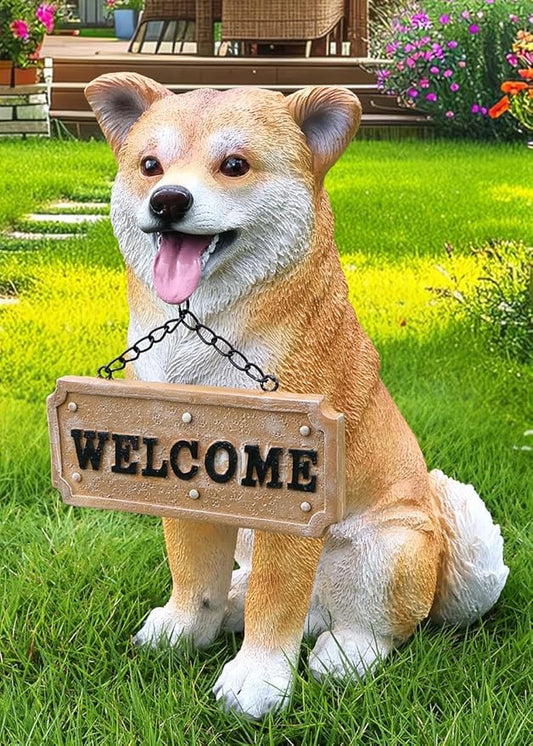 Akita Dog Garden Statue with Solar Lantern & Interchangeable Welcome/On Patrol Sign, Outdoor Resin Puppy Sculpture Decor for Patio, Porch, Yard, Lawn Ornament, Gift for Dog Lovers