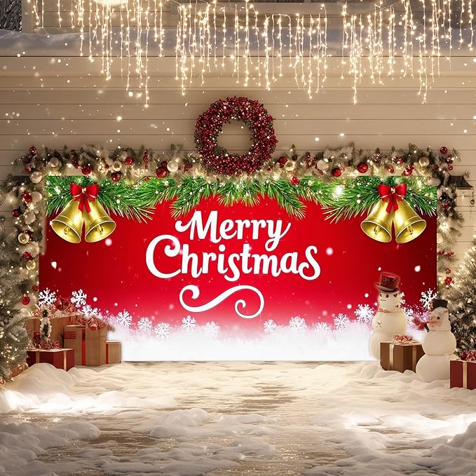 IVN Merry Christmas Happy New Year Garage Door Banner 13x6 ft Christmas Garage Door Cover Wnter Scene Background Indoor Outdoor Red Bells Bows Snowflake Pine Holiday Decorations for Home and Events Wall Backdrop Decor