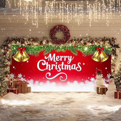 IVN Merry Christmas Happy New Year Garage Door Banner 13x6 ft Christmas Garage Door Cover Wnter Scene Background Indoor Outdoor Red Bells Bows Snowflake Pine Holiday Decorations for Home and Events Wall Backdrop Decor