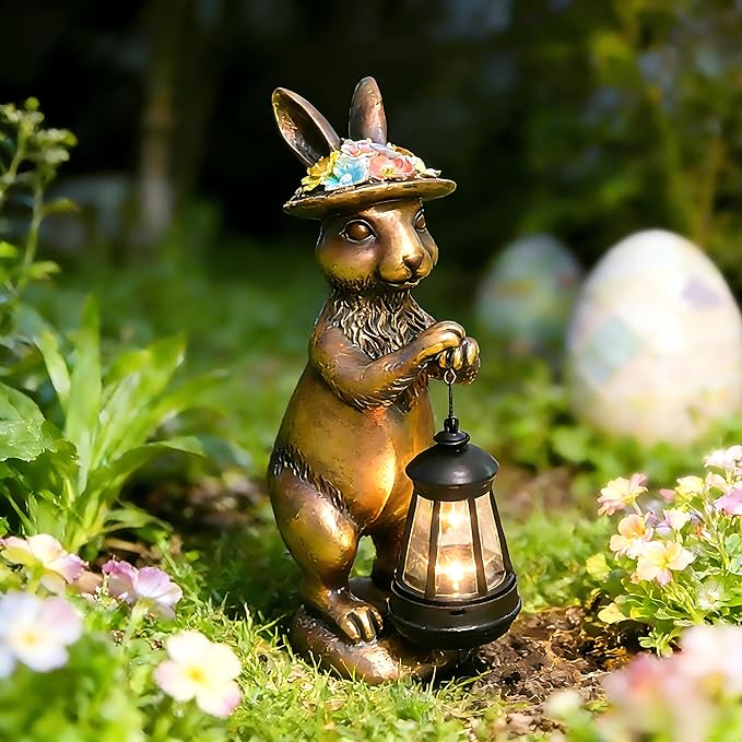 Garden Statue Solar Rabbit Outdoor - Easter Bunny Decor with Solar Powered Lantern,Patio, Lawn, Yard Ornaments, Waterproof Resin Figurines for Home, Birthday, Mother‘s Day Gift