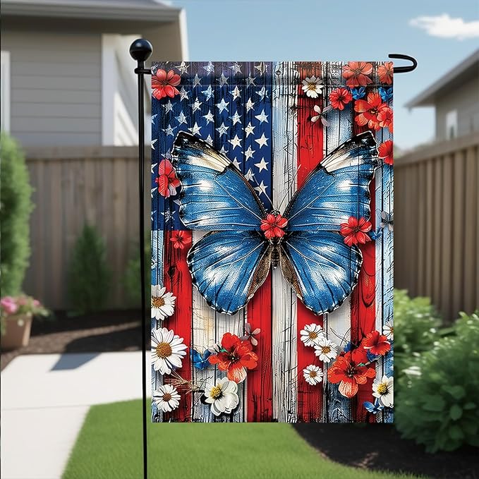 Spring Summer Garden Flag 12x18 Inch Patriotic Butterfly American Outdoor Floral Rustic Wood Art Design Outdoor Yard Porch Lawn for Seasonal Americana Farmhouse Home Decor