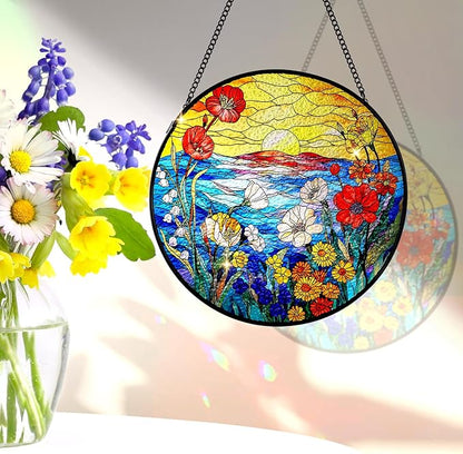 Remiawy Stained Glass Window Hanging, Wildflowers Sunrise 8 Inch Glass Panel with Metal Chain and Hooks Large Window Indoor Wall Art Decor Gift for Women Mother's Day Christmas