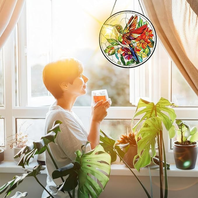 Bimkole Hummingbird Stained Glass Suncatcher Window Hanging - Flowers Design for Indoor Window or Doorway Decoration - 7.87x7.87 inch with Chain and Hook - Unique Home Decor Gift