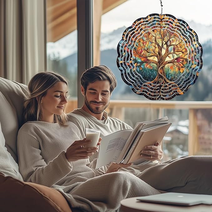Tree Life Wind Spinners Outdoor, Hanging Wind Spinner for Garden Decoration, 8 inch 3D Stainless Steel Metal Wind Sculpture for Indoor/Outdoor Decor