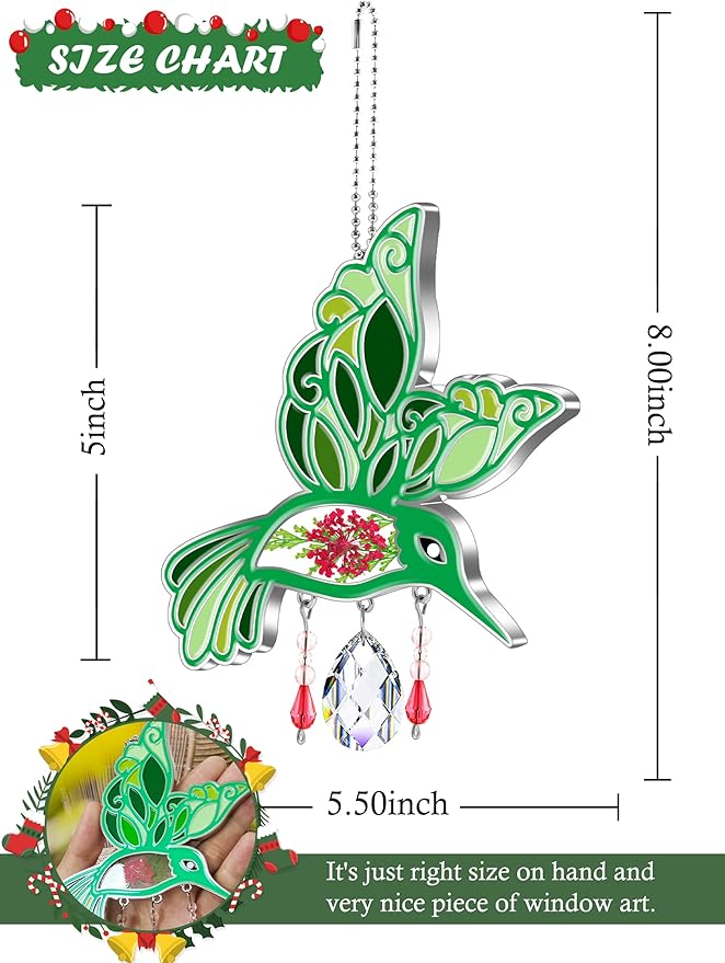 KY&BOSAM Hummingbird Suncatcher Crystal Colorful Rainbow Prisms Sun Catchers for Windows Hangings Wind Chimes Ornaments with Pressed Flower and Metal Charms Gifts for Mom Mothers Day Christmas Decor