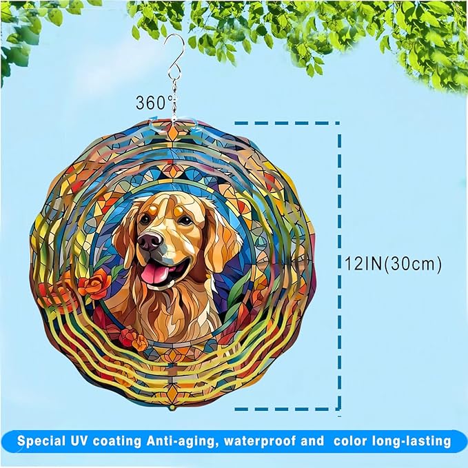 Golden Retriever Wind Spinners - 12 inch 3D Stainless Steel Hanging Wind Spinner Metal - for Indoor/Outdoor Decor, Yard, Garden Decoration