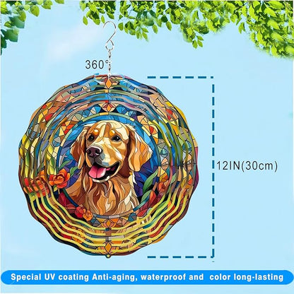 Golden Retriever Wind Spinners - 12 inch 3D Stainless Steel Hanging Wind Spinner Metal - for Indoor/Outdoor Decor, Yard, Garden Decoration