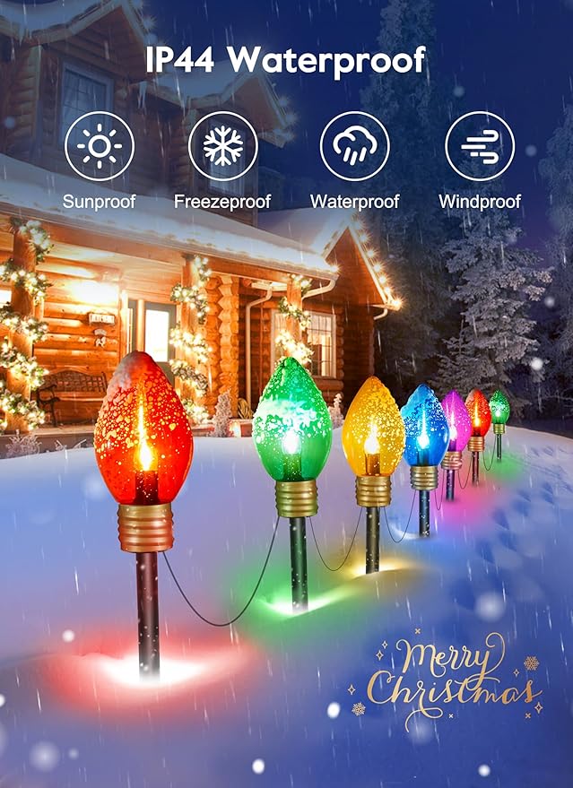 Moonflor 4 Pack Jumbo C9 Christmas Pathway Lights Outdoor - Total 34FT 20 LED C9 Christma Walkway Light, Multicolor Christmas Decoration Outside, Giant Christmas Lights Outdoor for Lawn Holiday Yard