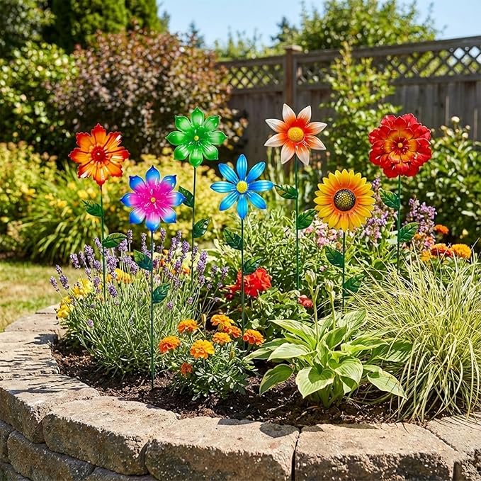 Garden Decor for Outside, 7 Pack Flower Garden Stakes Spring Outdoor Decor Metal Flower Stakes for Yard Porch Lawn Pathway Pot Decorations