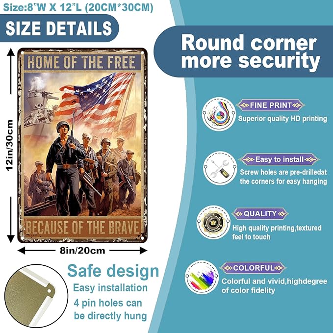 Veteran Metal Tin Sign Home of The Free Because Brave Vintage Sign For Happy Veterans Day Gift Decor Wall 8x12 inch