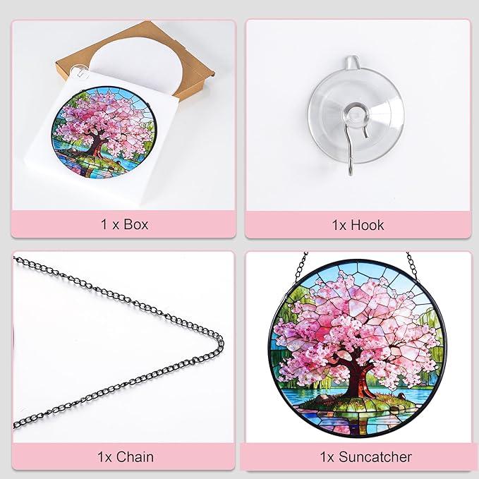 Stained Glass Window Hanging, Pink Cherry Blossom Tree Suncatcher 7.8 in Sun Catcher Boho Wall Art Decor with Chain Diamond Glass Panel Hangings Scenery Sun Catchers Decor for Lover Couple Mom