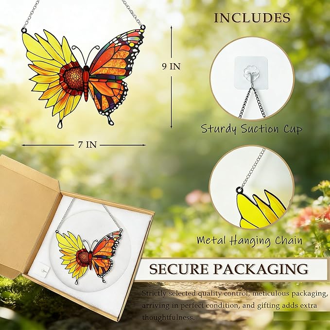 Stained Glass Window Hanging, Butterfly Flowers Sun Catcher Decor, Handcrafted Stained Glass Panel for Window, Home, Garden, Indoor Outdoor Suncatchers Ornament, Ideal Gift for Mom, Friends