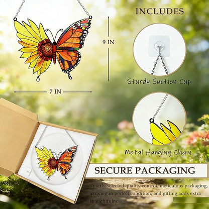 Stained Glass Window Hanging, Butterfly Flowers Sun Catcher Decor, Handcrafted Stained Glass Panel for Window, Home, Garden, Indoor Outdoor Suncatchers Ornament, Ideal Gift for Mom, Friends