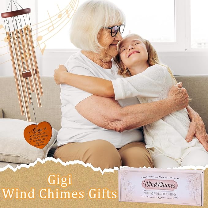 Gigi Gifts for Mother's Day Birthday Christmas Thanksgiving from Grandkids Grandchildren, Gigi Garden Gifts for Grandma, 26Inch Wind Chimes for Outside with S Hook Greeting Card