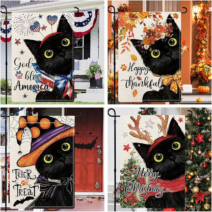 Black Cat Garden Flags for Outside Set of 12, Kitten Welcome Seasonal Garden Flags 12x18 Double Sided for All Seasons and Holidays, Fall Halloween Winter Christmas Yard Flag for Outdoor Decor