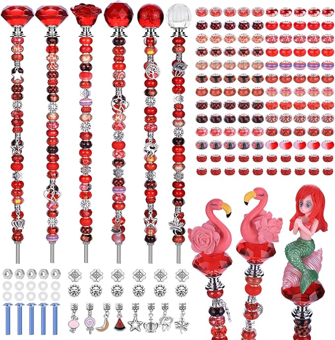 AIPRIDY 158 Pcs DIY Fairy Wand Garden Stakes Kit,Multiple Color Scheme European Beads Crystal Diamond Tops and 12 or 10 Inch Threaded Rods,Stainless Steel Stakes with Diamond Toppe (Red)
