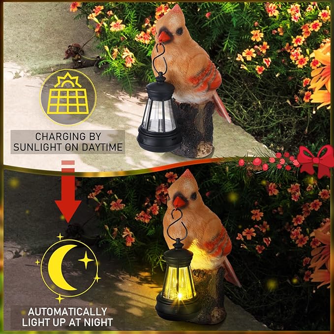 Suzile 2 Pcs Cardinal Gifts Red Cardinal Solar Light Cardinals Garden Decor Red Bird Figurine 6.3" Couple Cardinals Memorial Mothers Day Gifts Solar Light Statue for Memorial Balcony Yard Garden
