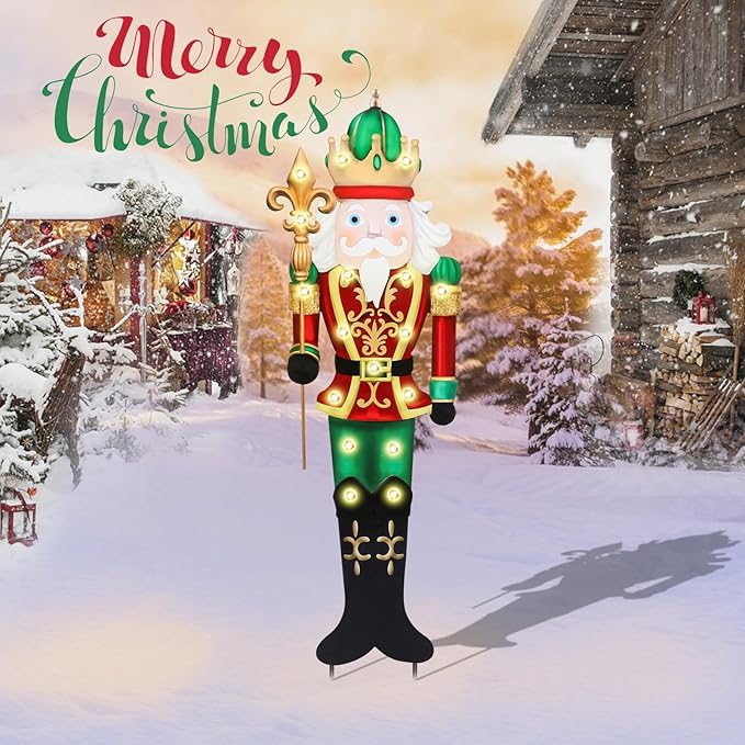 WONDER GARDEN Christmas Metal Yard Stakes, Lighted Nutcracker Soldier, Outdoor Christmas Decorations for Lawn Party Outside