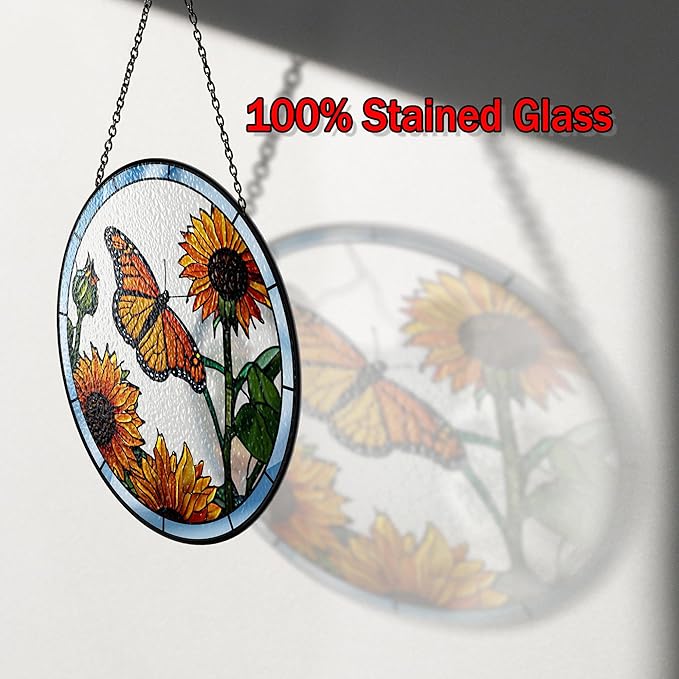 2 Stained Glass 7.8" Butterfly Sunflowers Stained Glass Suncatcher, Butterflies and Flowers Glass Art Window Hanging, Indoor Window Gift for Nature Floral Lovers Women Mom Friend, Painted Panel Décor