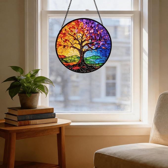 Sun Catcher Stain Glass,Colorful Tree of Life Suncatcher Stained Glass Decor for Window Hanging, Gardening Gifts for Women with 9.8 Inch