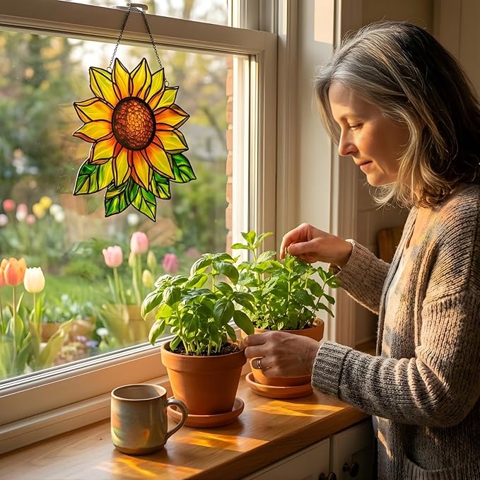 Sunflower Flower Handmade Resin Suncatchers, Artisan Sun Catcher, Stained Glass Effect, Flower Suncatchers for Window Hanging, Garden Decor, Gift for Mother's Day Mom Women Grandma Wife