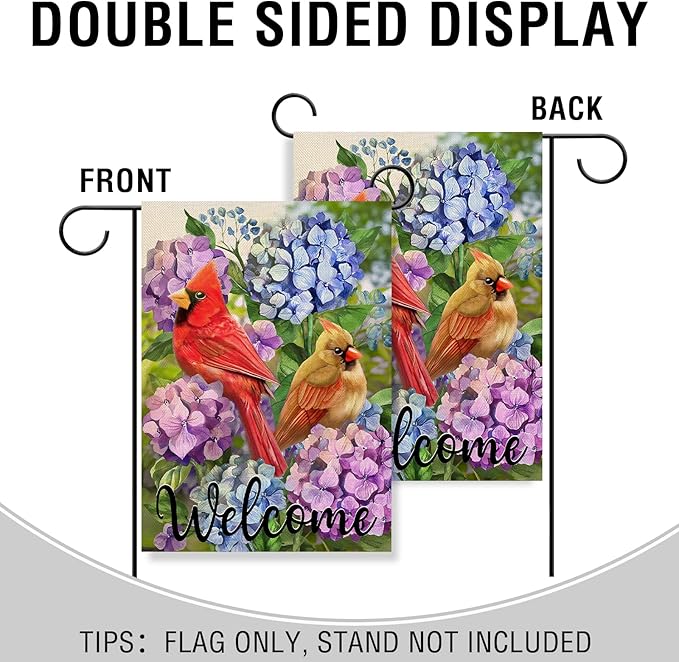 Artofy Welcome Summer Cardinal Red Birds Home Decorative Garden Flag, Yard Hydrangea Flowers Outside Decor, Spring Floral Outdoor Small Burlap Decoration Double Sided 12 x 18