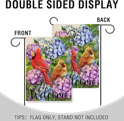Artofy Welcome Summer Cardinal Red Birds Home Decorative Garden Flag, Yard Hydrangea Flowers Outside Decor, Spring Floral Outdoor Small Burlap Decoration Double Sided 12 x 18