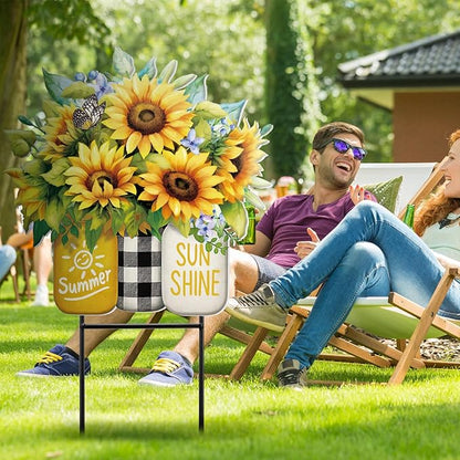 Amyhill Summer Sunflower Outdoor Decor Metal Garden Stakes 25 Inch Summer Welcome Yard Signs Decorations Outdoor Sunflower Decorative Garden Stakes Patio Lawn Walkway Backyard Porch Decorations