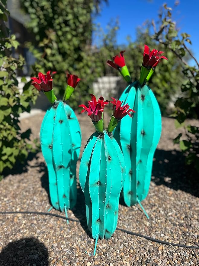 Handmade Metal Peanut Cactus with Flower - Garden Art (Turquoise (21 inches))