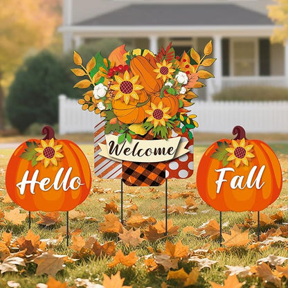 3 Pcs Metal Pumpkin Yard Stakes with Welcome Sign Hello Fall Pumpkin Yard Signs Hanging Wall Decor Farmhouse Decorative Garden Stakes for Autumn Harvest Thanksgiving Outdoor Walkway Decor