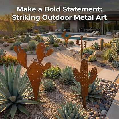 INSYOHO 4Pcs Metal Cactus Outdoor Decor, Prickly Pear Garden Sculptures & Yard Art Statues, Heavy Duty Metal Plants for Patio, Lawn, Backyard & Boho Bohemian Party Decorations