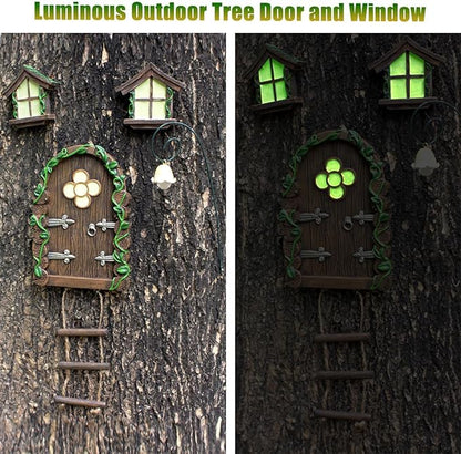 Fairy Garden Decor Fairy Door and Windows for Trees, Glow in The Dark Yard Sculpture Lawn Ornament Mini Garden Art Outdoor Decor Accessories with Lantern (C)