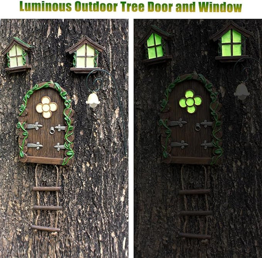 Fairy Garden Decor Fairy Door and Windows for Trees, Glow in The Dark Yard Sculpture Lawn Ornament Mini Garden Art Outdoor Decor Accessories with Lantern (C)