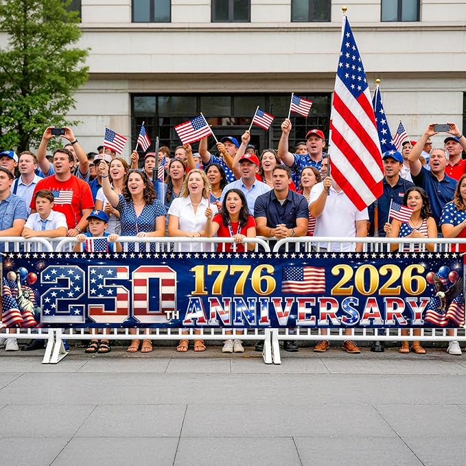9.8 x 1.6 FT 250th Anniversary Banner, Red White Blue Stars Stripes Design for Independence Day, 1776-2026 250 Years Birthday, Patriotic Outdoor Yard Decor, Fence Banner Home Outside Decorations