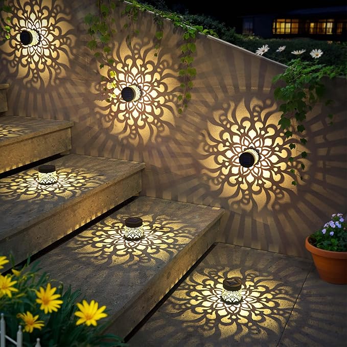 Solar Fence Lights 2 Pack Outdoor Deck Step Wall Lights Metal Waterproof LED Warm Yellow Light for Garden Post Patio Backyard Yard Decor (Mandala-2, 2)