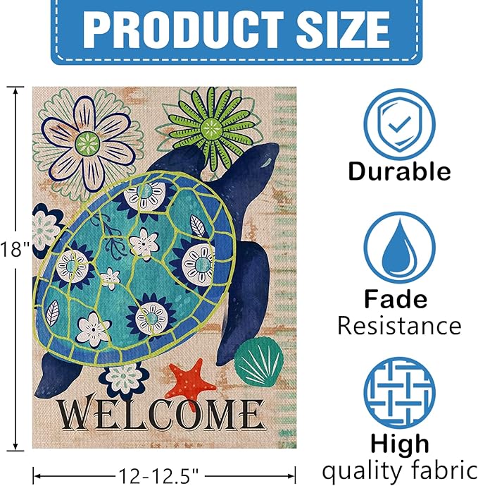 Dyrenson Home Decorative Welcome Quote Outdoor Turtle Beach Garden Flag Double Sided, Tropical Ocean House Yard Flag, Rustic Coastal Garden Yard Nautical Sea Decorations, Seasonal Outdoor Flag 12 x 18