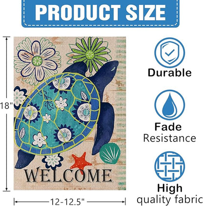Dyrenson Home Decorative Welcome Quote Outdoor Turtle Beach Garden Flag Double Sided, Tropical Ocean House Yard Flag, Rustic Coastal Garden Yard Nautical Sea Decorations, Seasonal Outdoor Flag 12 x 18