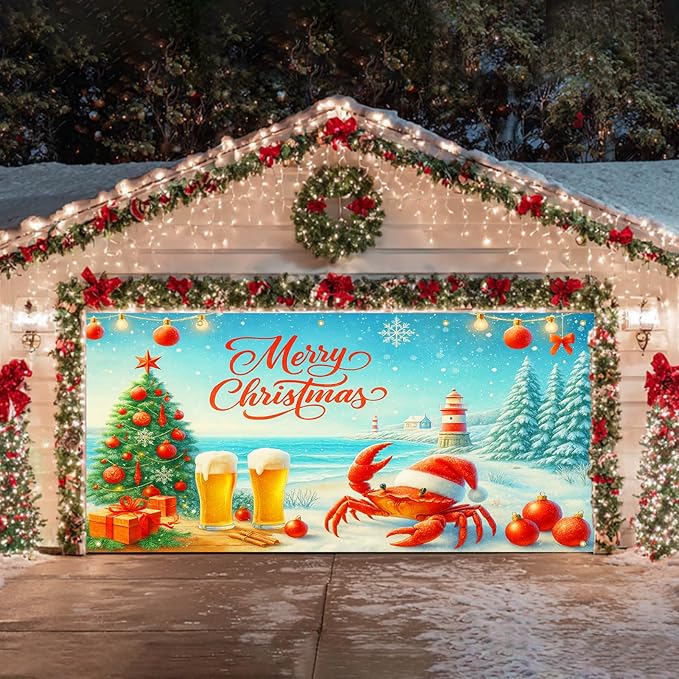 HOMETITUTE Christmas Garage Door Banner 13x6ft Coastal Crab Santa Holiday Decorations Red Lettering Snow Ocean Tree Beer Ornaments for Outdoor Xmas Party House Wall Yard Display