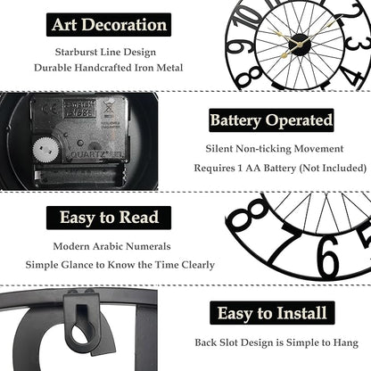 Large Outdoor Clock Battery Operated Silent, 24 Inch Modern Black Metal Wall Clock for Patio, Pool Area, Kitchen, Garden, Deck, Farmhouse, Living Room Decor