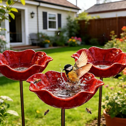 Handmade Metal Flower Garden Stake, Metal Flower Garden Stake Bird Bath,Bee Butterfly Water Feeder with Flower Design for Garden Lawn Yard Decor (3PCS)